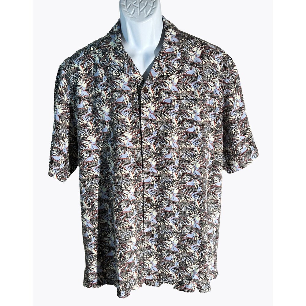 Tommy Bahama Mens L Toucan Palm Tree All Over Print Silk Hawaiian Button Shirt